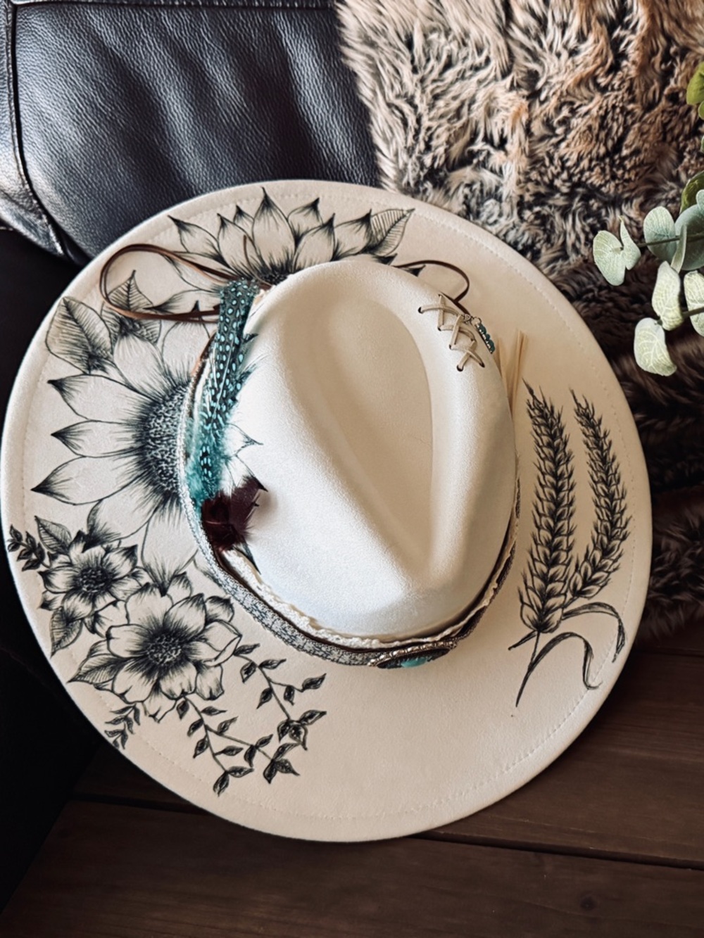 Cream Western Fedora Hat with Turquoise Accents